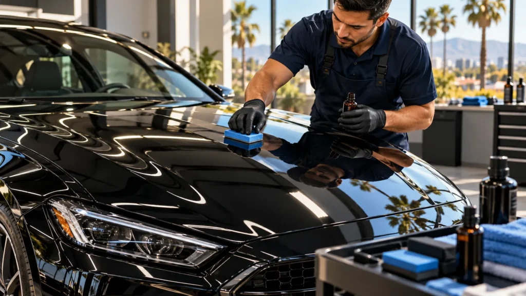 Professional Auto Detailing in Anaheim applying ceramic coating to a black sedan for enhanced paint gloss and protection.