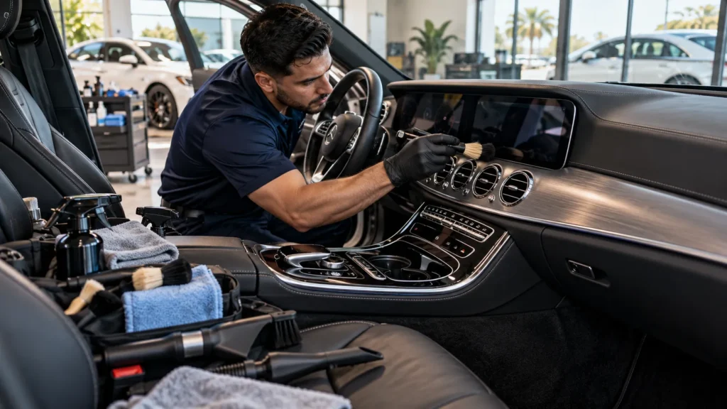 Expert car interior cleaning Santa Ana CA featuring professional dashboard, air vent, and center console deep cleaning.