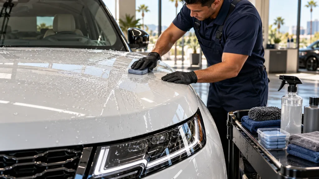 Professional Auto Detailing in Anaheim removing bonded paint contaminants from a white SUV using a professional clay treatment.