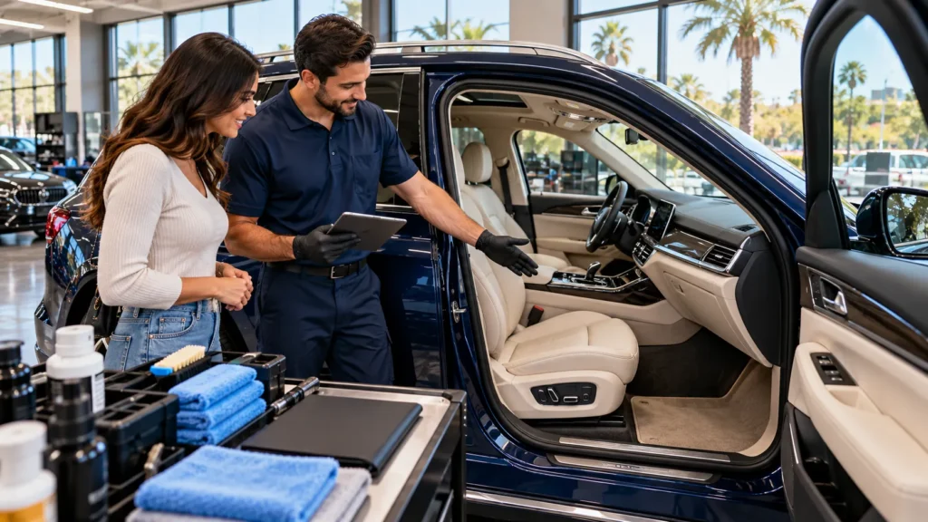 Professional car interior cleaning Santa Ana CA with a detailing specialist showing a customer a freshly cleaned luxury SUV interior.