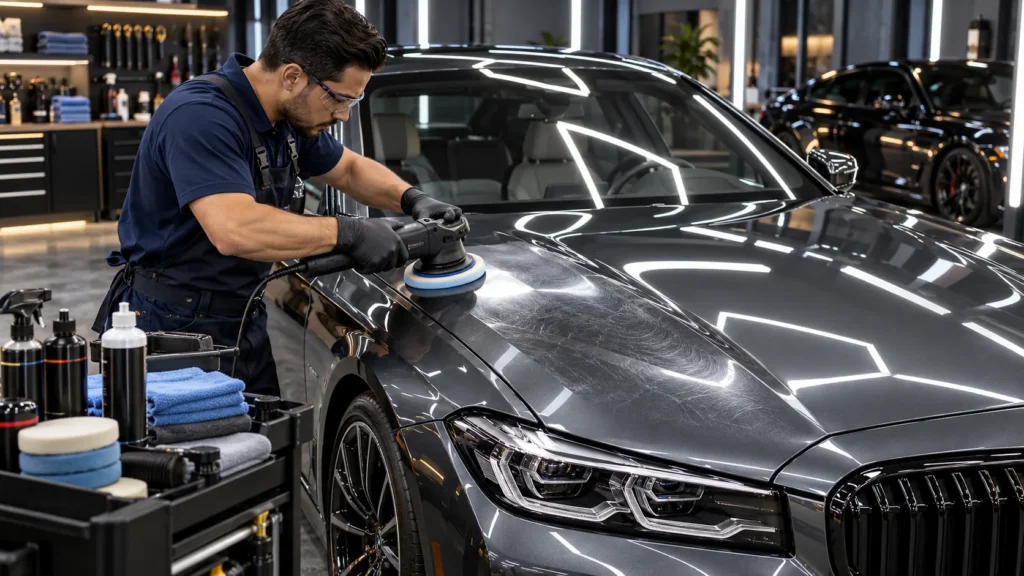 Professional Auto Detailing in Anaheim restoring a gray sedan's shine through expert paint polishing and swirl mark correction.