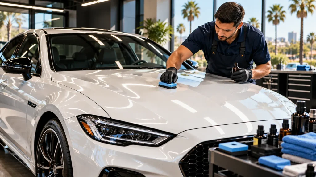 Paint Correction in Anaheim followed by professional ceramic coating application to protect a glossy white luxury sedan.