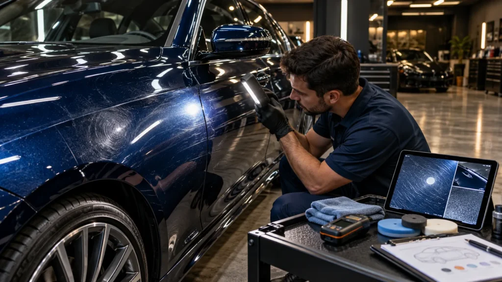 Paint Correction specialist in Anaheim inspecting fine scratches and swirl marks on a blue sedan using an LED inspection light.