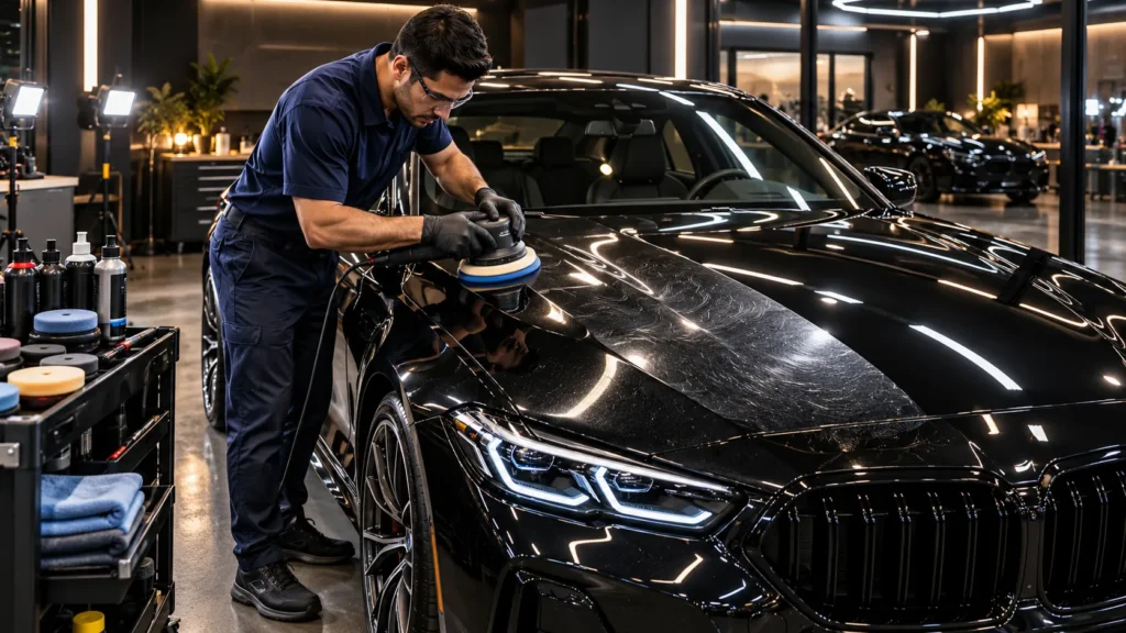 Professional Paint Correction in Anaheim, CA removing swirl marks and restoring gloss on a black luxury sedan.