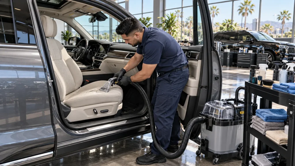 Professional car interior cleaning Santa Ana CA with deep upholstery extraction removing stains and embedded dirt from luxury SUV seats.